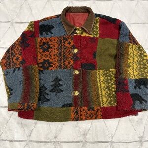 Vintage High Pile Patch Work Rustic Fleece Bear Outdoors Cabin Women L  USAMade